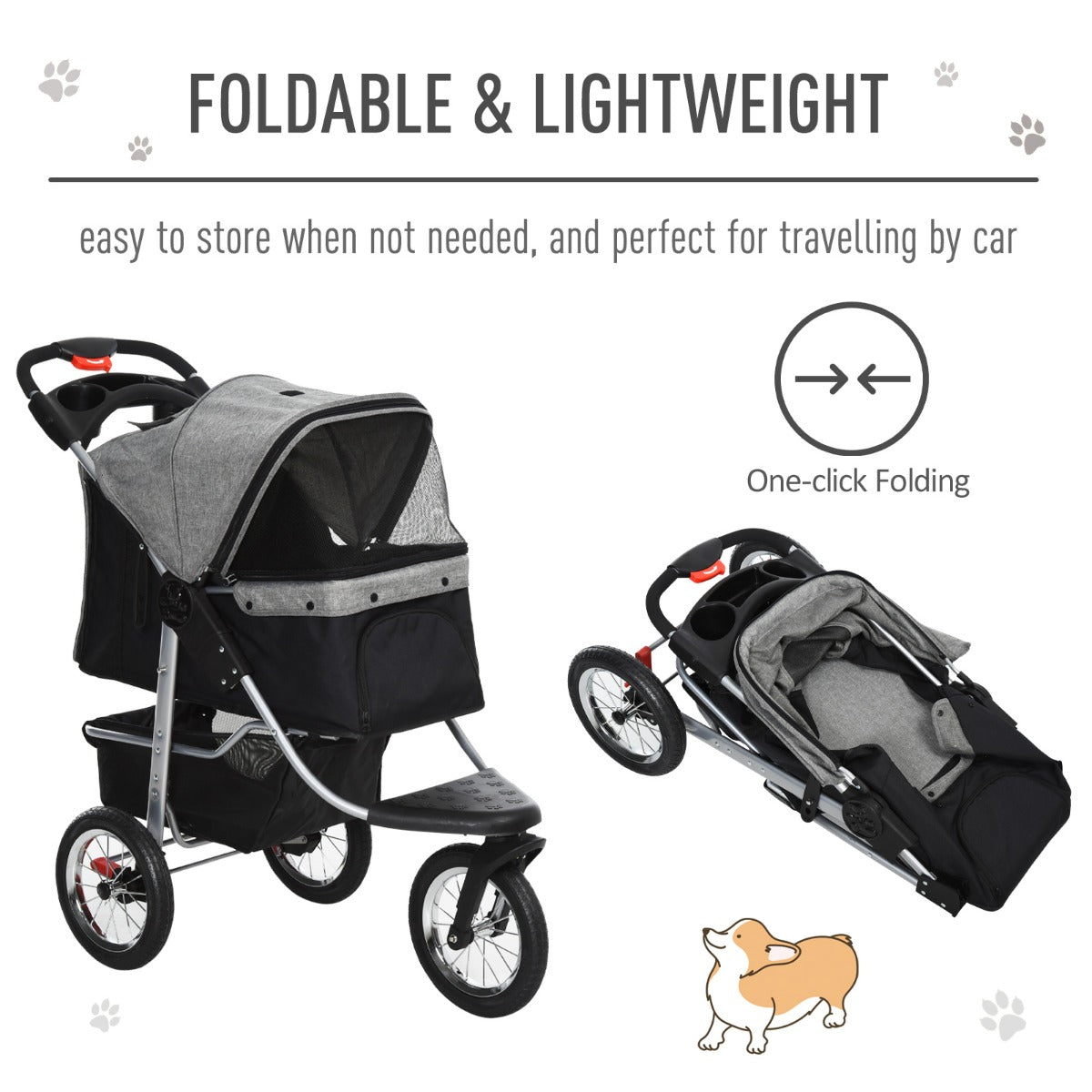 Luxury Folding Pet Stroller Dog/Cat Travel Carriage with Adjustable Canopy and a Zippered Mesh Window Door - Grey