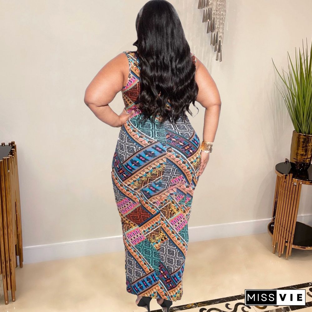 Plus Size Print Sleeveless O-Neck Slim Maxi Dress