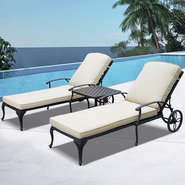 3-Piece Aluminum Reclining Outdoor Chaise Lounge with Table and Cushions