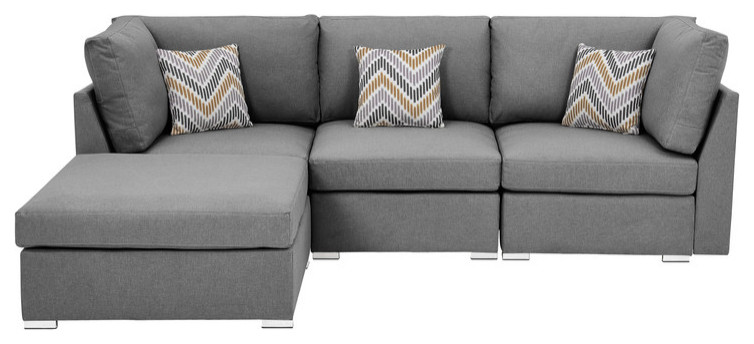 Amira Gray Linen Fabric Sofa with Ottoman and Accent Pillows   Contemporary   Sectional Sofas   by Morning Design Group  Inc  Houzz