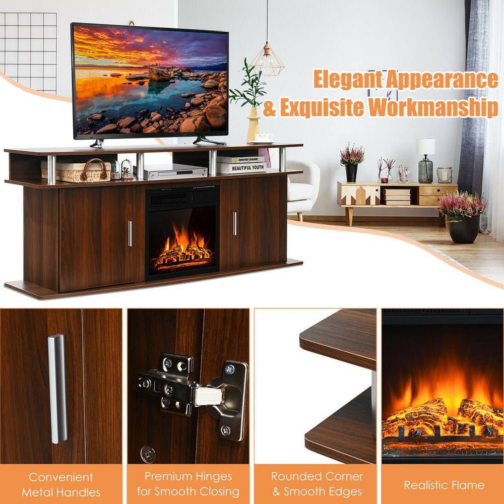 Gymax 63 in. Fireplace TV Stand with 18 in. 1500-Watt Electric Fireplace up to 70 in. Walnut GYM06623