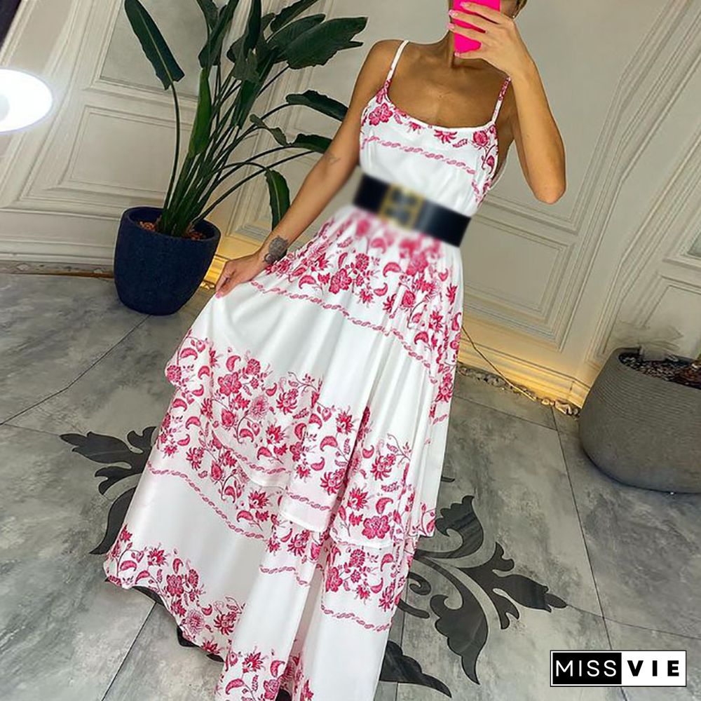 Summer Sexy Boho Print Sling Loose Dress Women Casual Beach Sleeveless Maxi Dresses New Harajuku Pattern Retro Party Dress