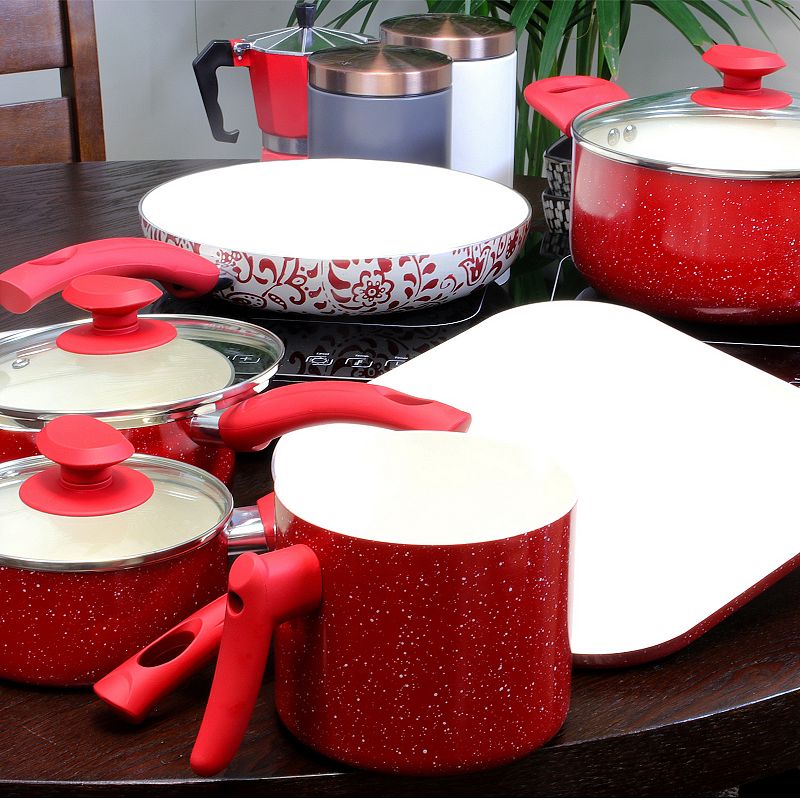 Oster Cocina San Jacinto Aluminum Cookware Set in Red Speckled Finish， Set of 9