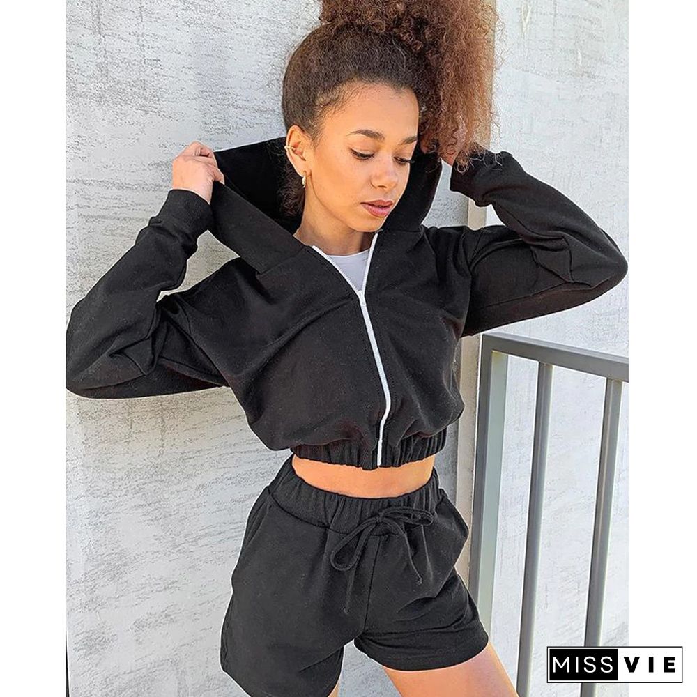 Women Autumn Sexy Solid Outfits New Hooded Zipper Long Sleeve Short Sweatshirts + Sports Shorts Suits Casual Tracksuits 2Pcs Set