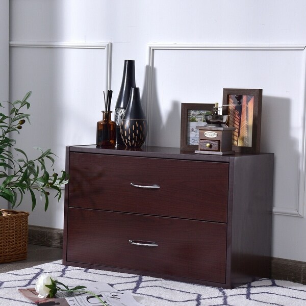 2-Drawer Dresser Horiztonal Organizer End Table Nightstand with Handle Wood-Brown - - 33999242