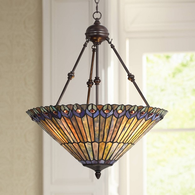 Wide Rustic Peacock Stained Art Glass 3 light Fixture For Dining Room House Kitchen Island Entryway