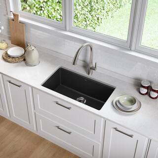 KRAUS Undermount Granite Composite 32 in. Single Basin Kitchen Sink Kit in Black KGU-413B