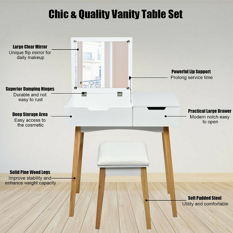 Wooden Vanity Table With Flip Top Mirror And Cushioned Stool