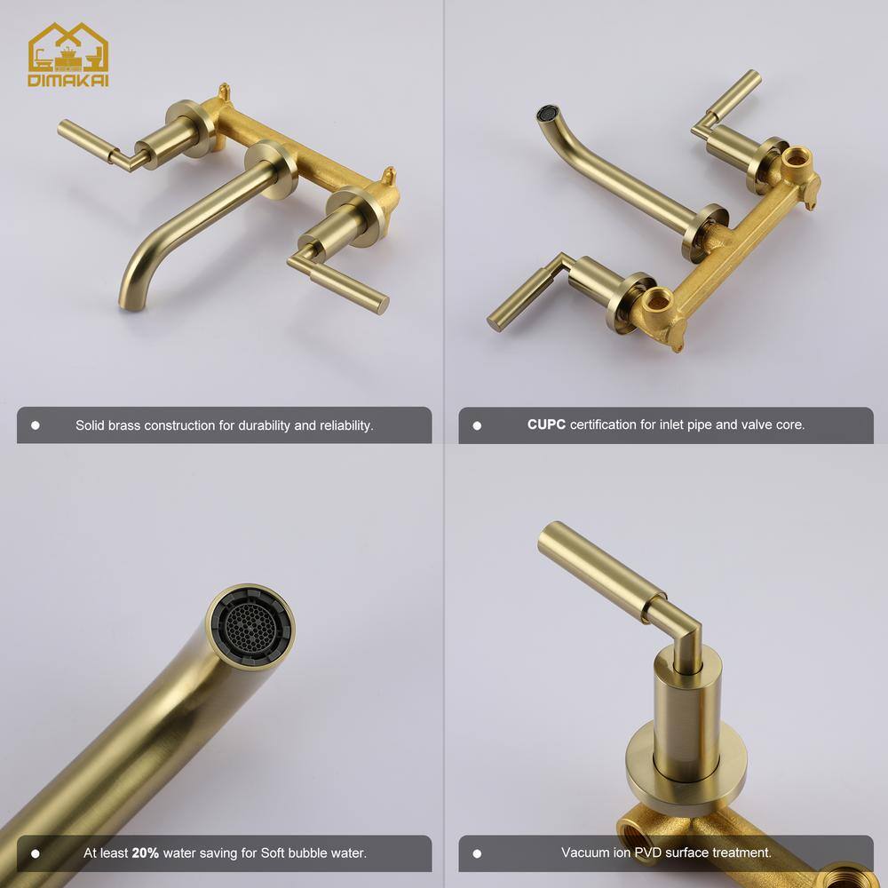 Hlihome 3-Hole Two-Handles Brass Wall-Mount Bathroom Faucet in Brushed Gold DK-9001-BG