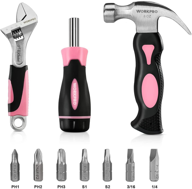 WORKPRO 10 Pcs Pink Household Tools Kit for Women with Screwdriver Bit