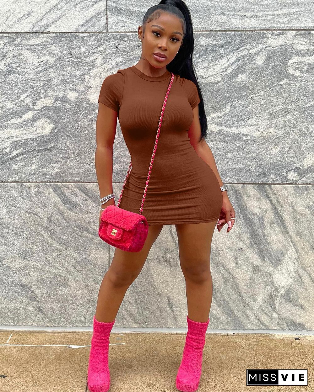Solid Short Sleeve Bodycon Basic Casual Dress