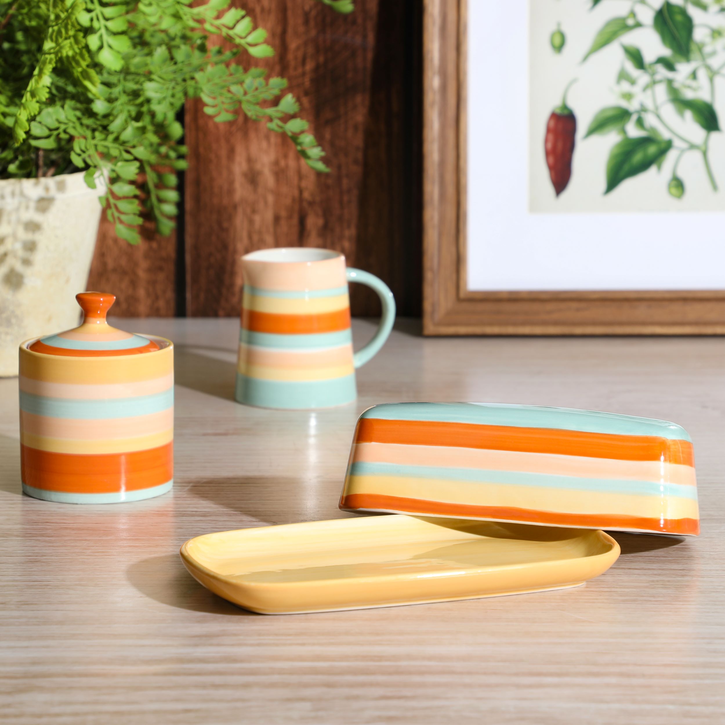 Wanda June Home Vintage Stripe Orange Stoneware Butter Dish， Sugar and Creamer Set by Miranda Lambert