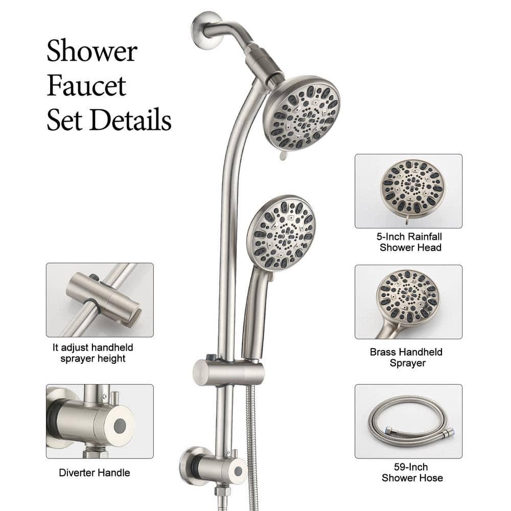 YASINU SingleHandle 7Spray Settings Round Tub and Shower Faucet with Dual Shower Heads in Brushed Nickel