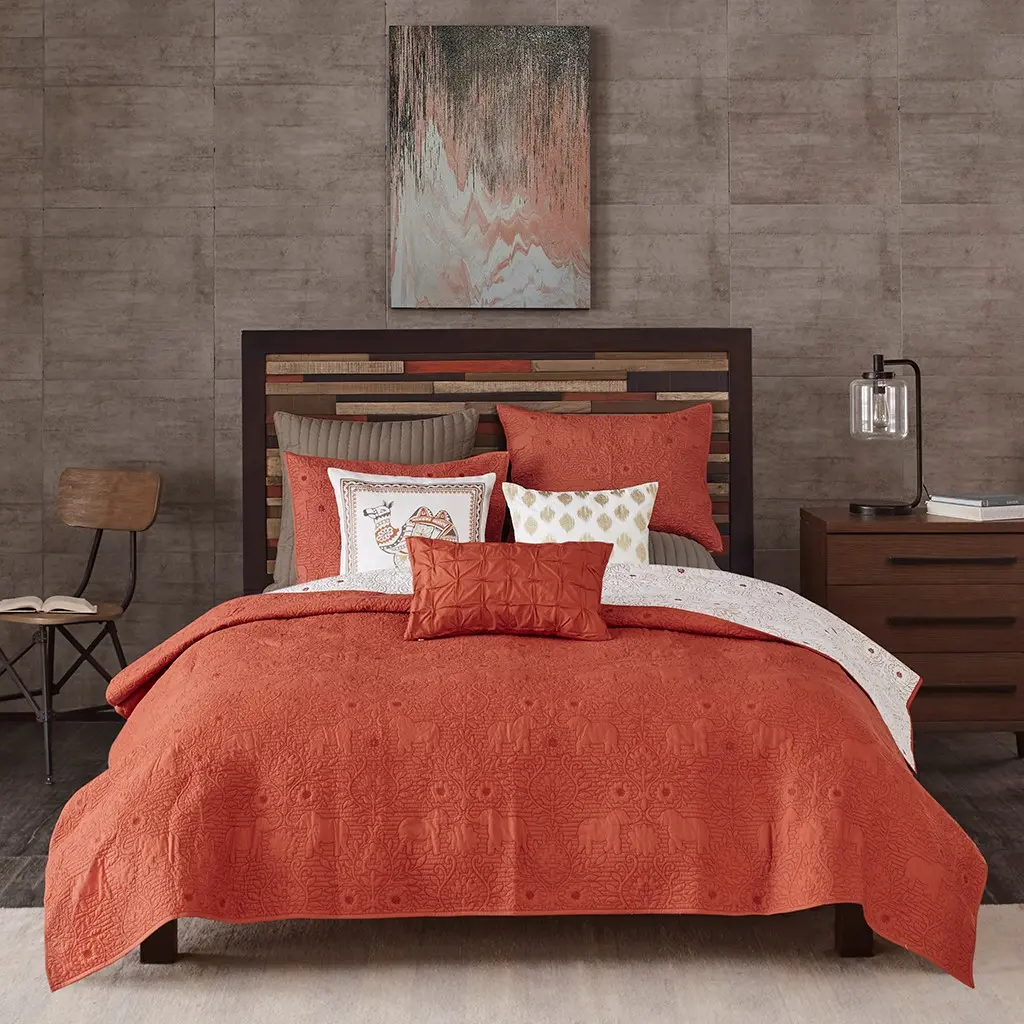 Burnt Orange and Tan Queen Kandula 3 Piece Coverlet Set