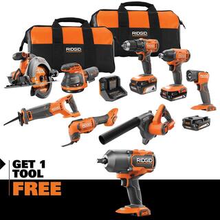 RIDGID 18V Cordless 8-Tool Combo Kit with (3) Batteries Charger and Bag with 18V High Torque Impact Wrench R96258-R86212B