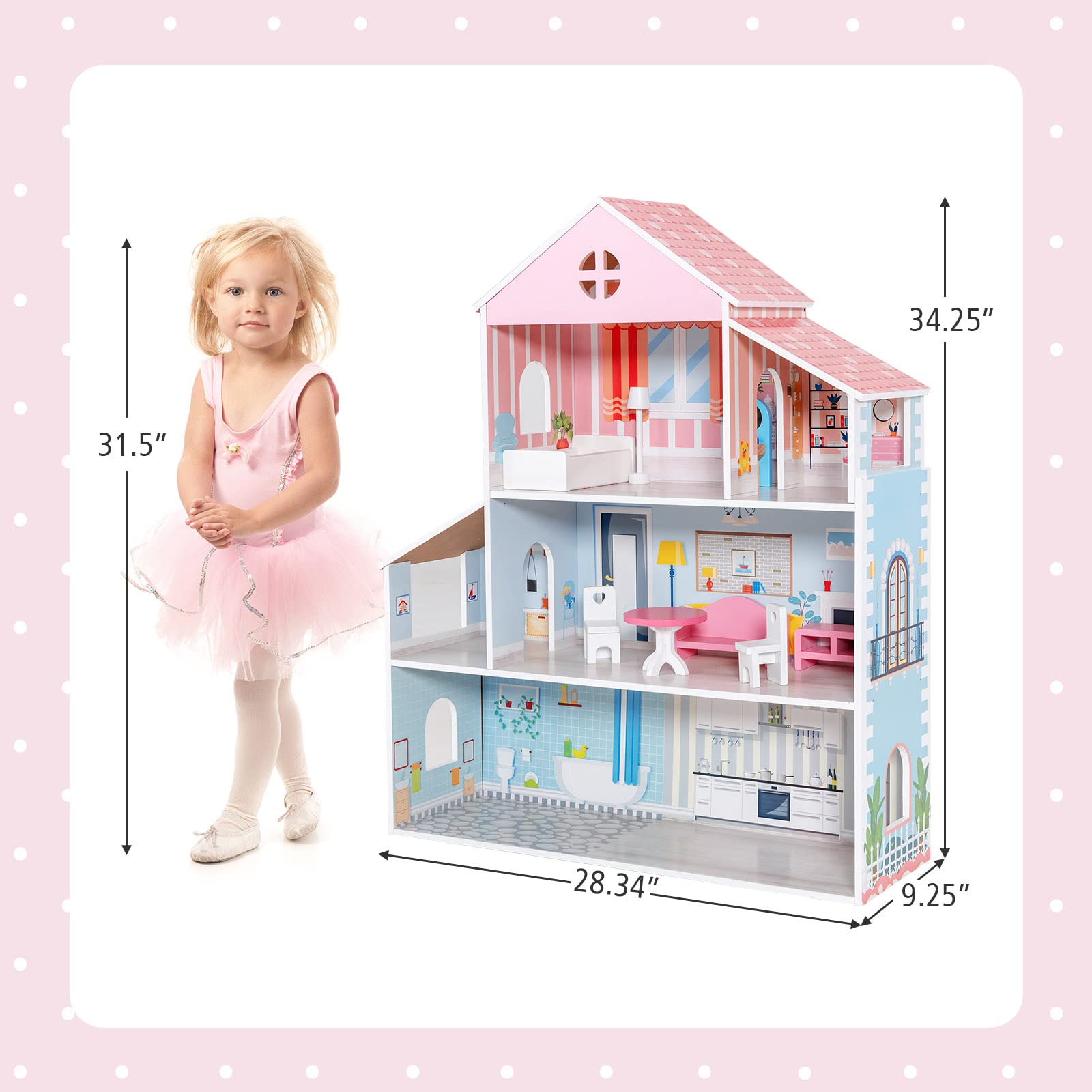 Costzon Wooden Dollhouse, 3-Story Pretend Play Doll House with Living Room Bedroom