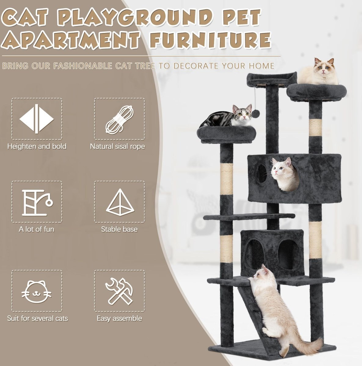 Coziwow 60-in Scratching Posts and Toys Cat Tree and Condo， Grey