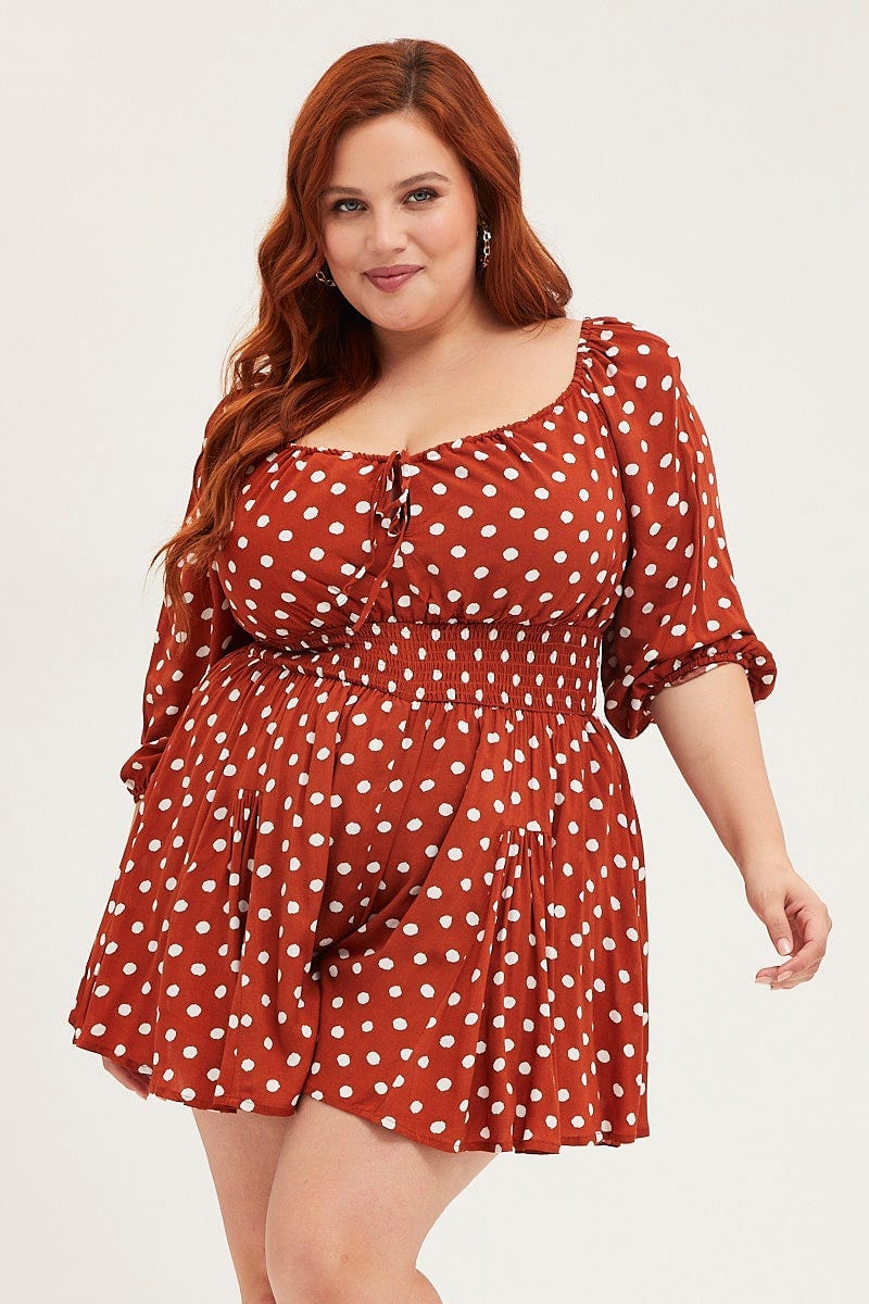Polka Dot Playsuit Square Neck Long Sleeve