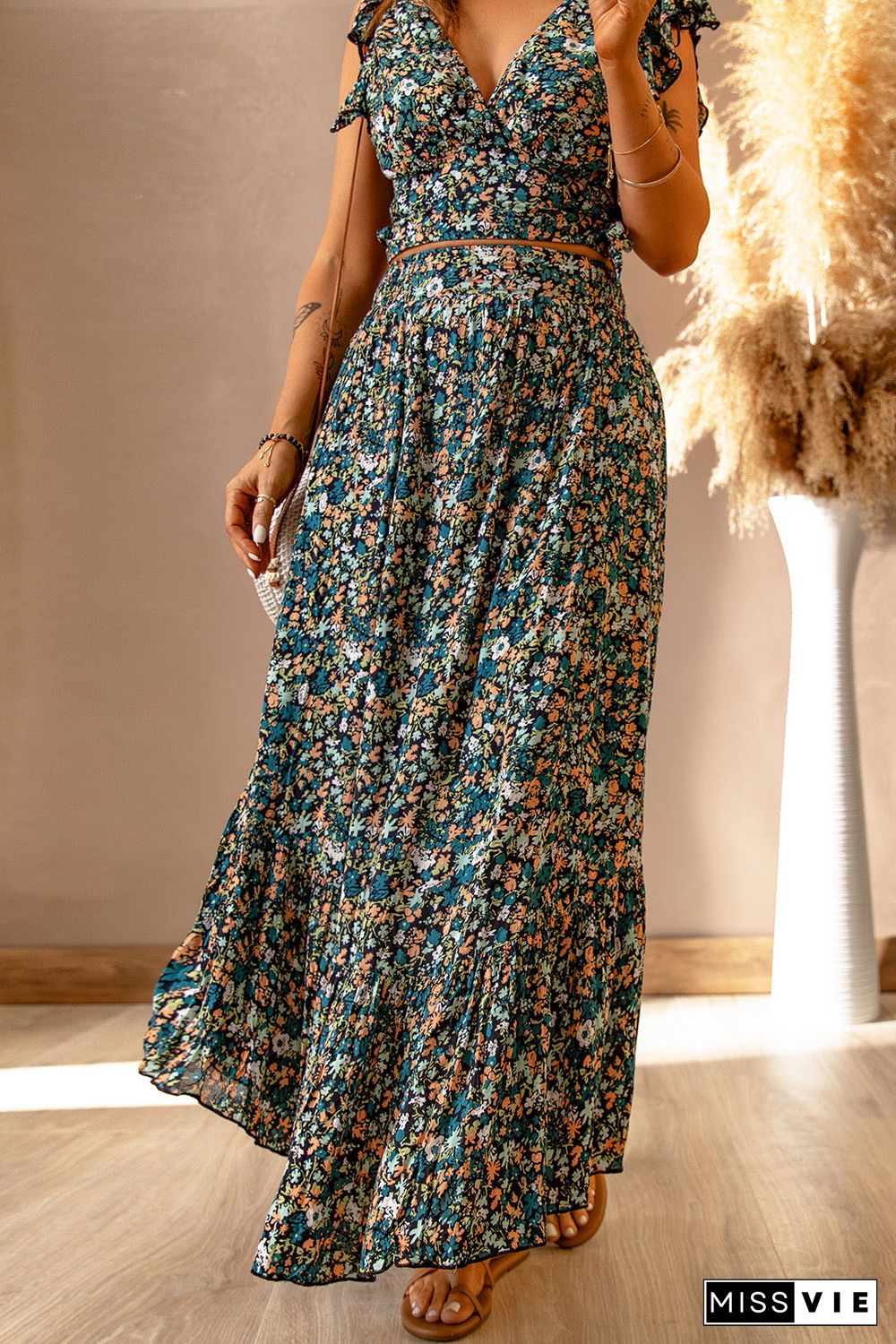 Multicolor Floral Ruffled Crop Top and Maxi Skirt Set