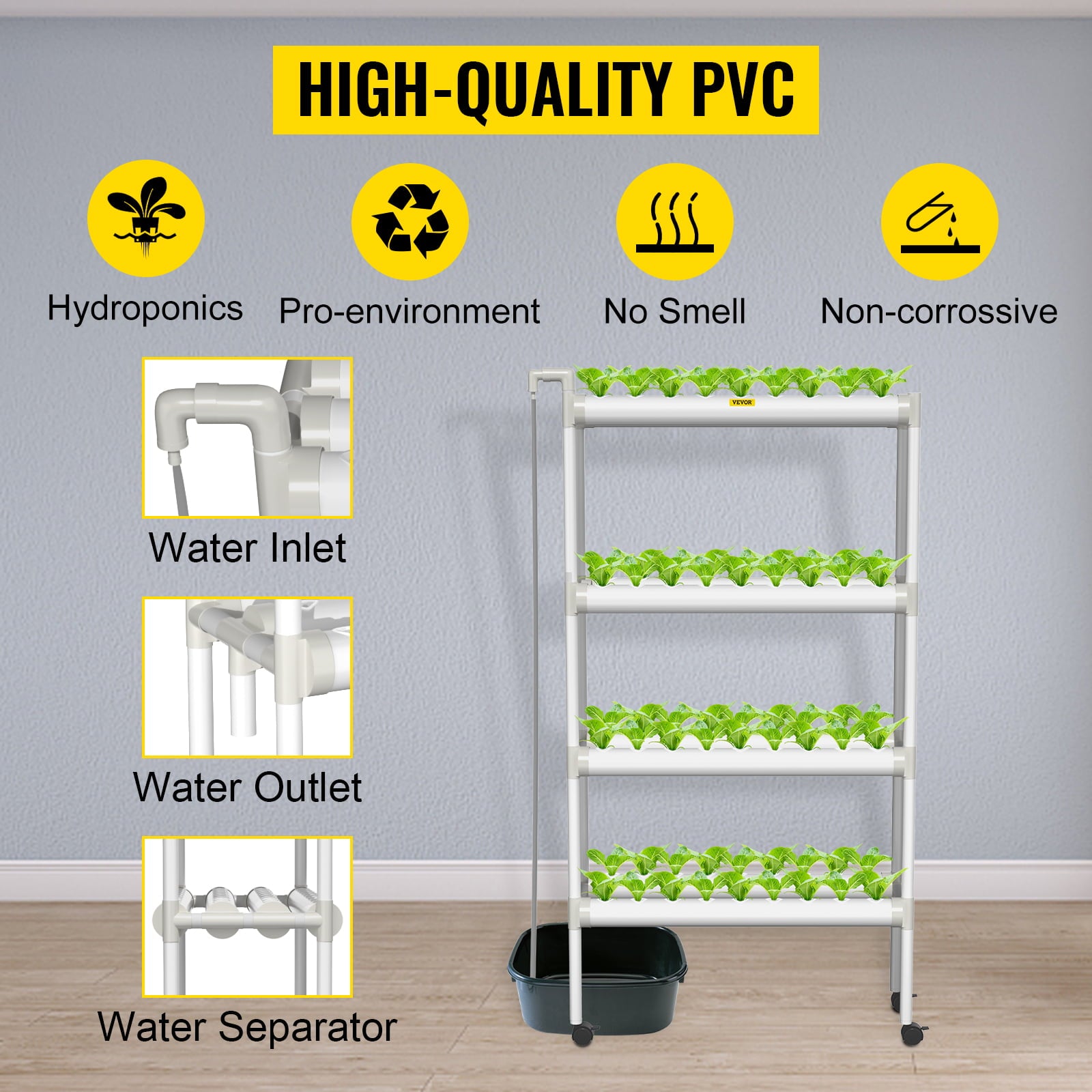 VEVOR Hydroponic Site Grow Kit 4 Layer 72 Plant Sites， 8 PVC Pipes Hydroponic Indoor Plant Growing System， Food-Grade Pipe Plant Grow Kit with Water Pump and Timer