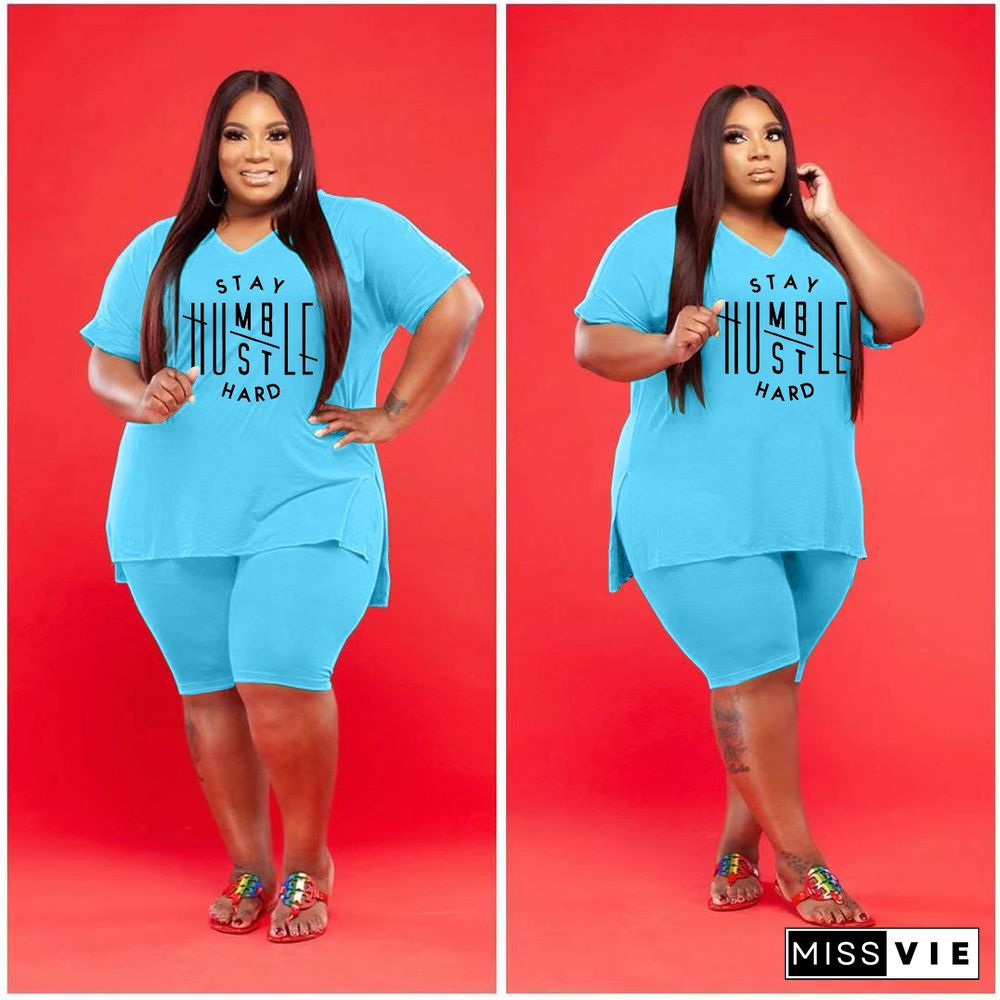 Plus Size Women Short Sleeve V Neck T-Shirt Knee Length Shorts Summer Clothes Two Piece Matching Set