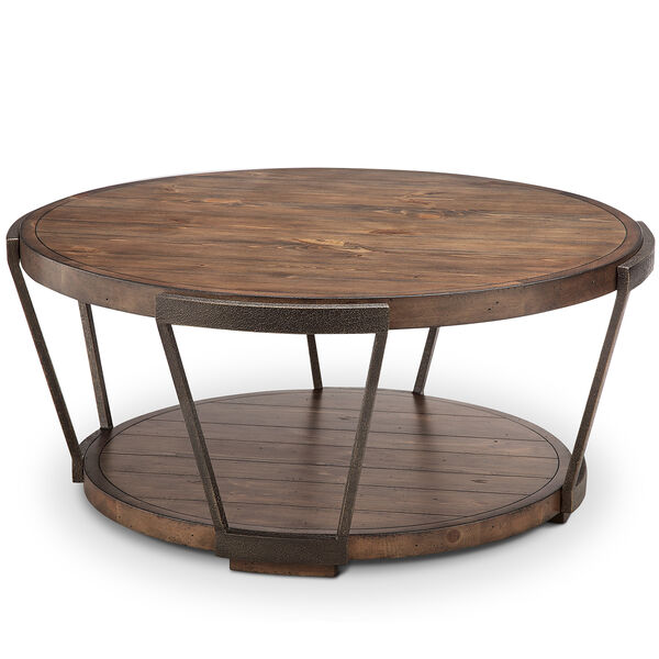 Yukon Industrial Bourbon and Aged Iron Round Coffee Table with Casters