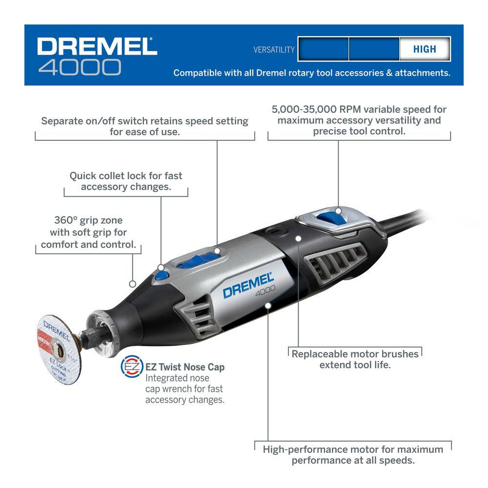 Dremel 4000 Series 1.6 Amp Variable Speed Corded Rotary Tool Kit with 11-Pc EZ Lock Cutting Rotary Accessories Kit 4000434+EZ72801