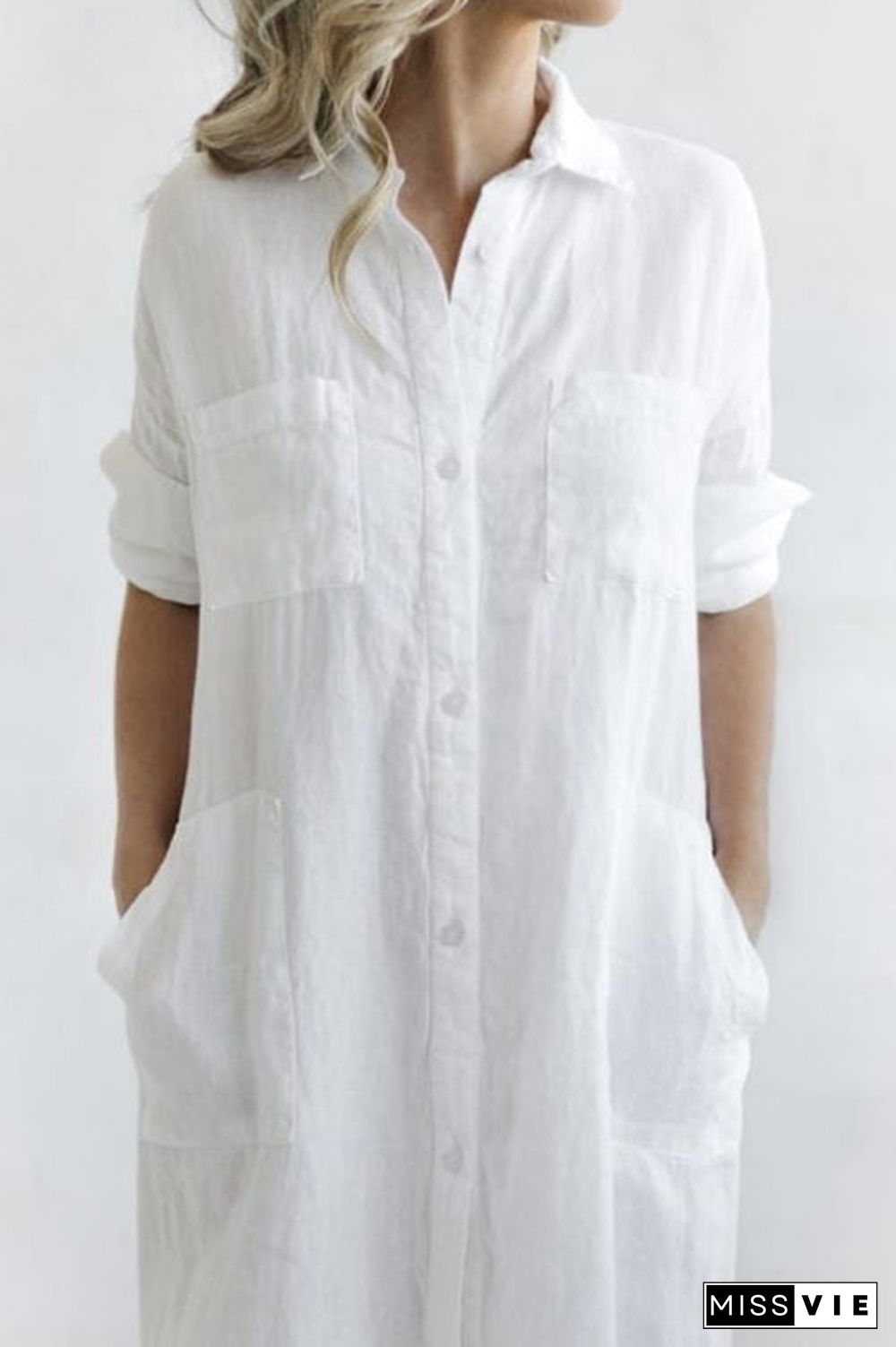 Linen Button Pockets Shirt Maxi Dress