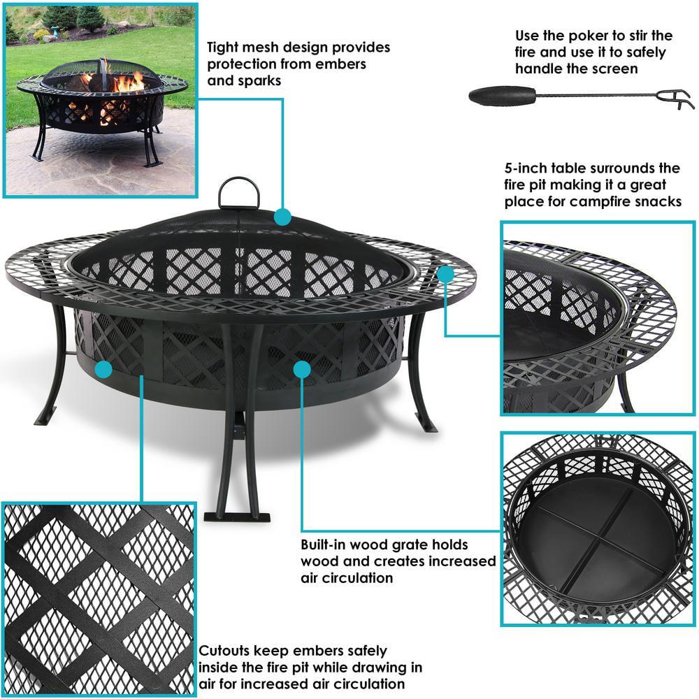 Sunnydaze Decor Diamond Weave 40 in x 20 in Round Steel Wood Burning Fire Pit in Black with Spark Screen