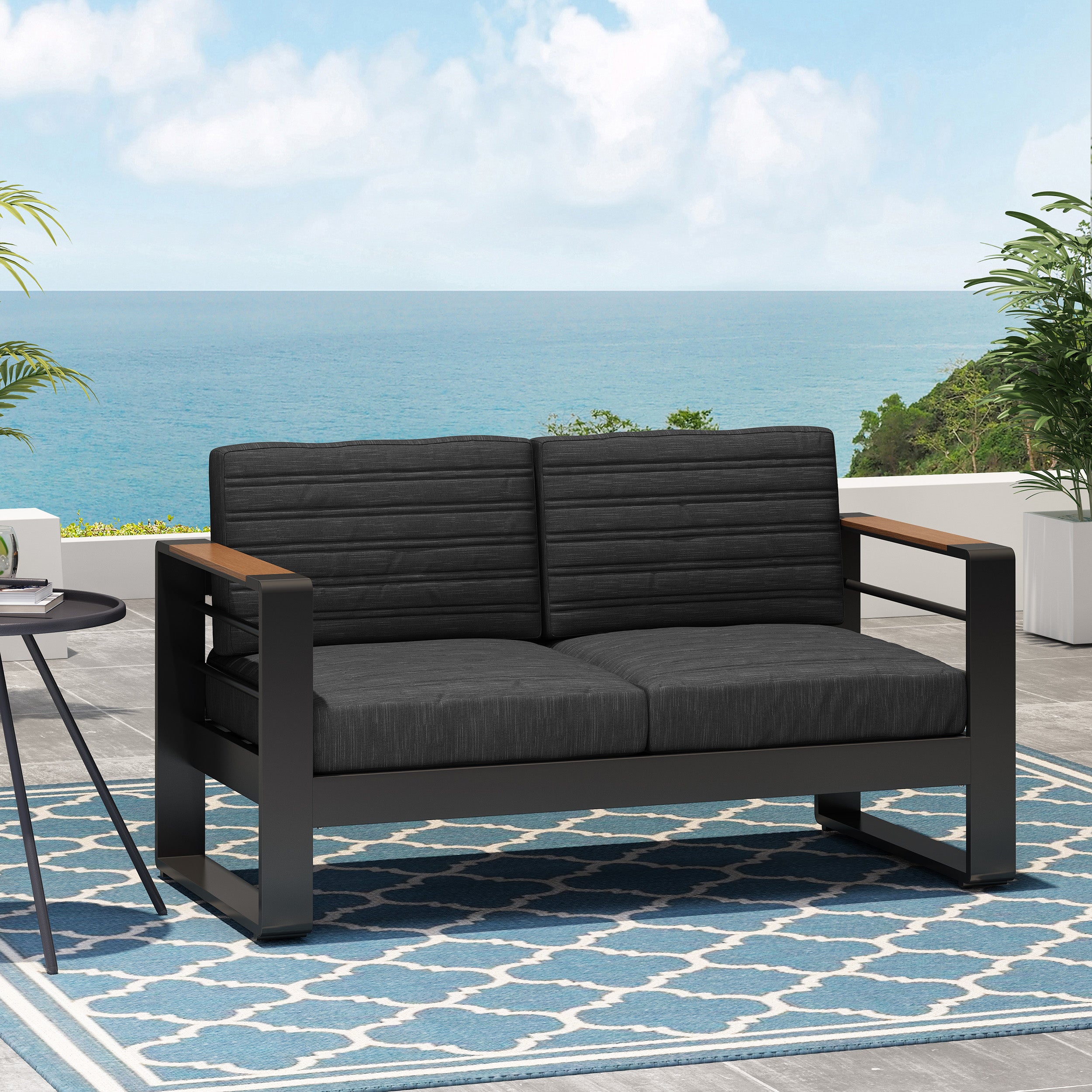 Neffs Outdoor Aluminum Loveseat with Water Resistant Cushions, Dark Gray, Natural, and Black