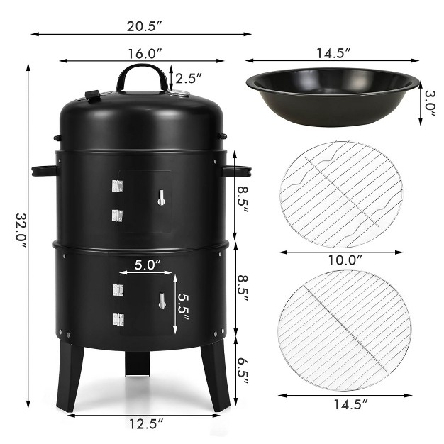 Costway3 in 1 Vertical Charcoal Smoker Portable Bbq Smoker Grill With Detachable 2 Layer