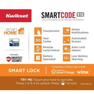 Kwikset Z-Wave SmartCode 916 Touchscreen Satin Nickel Single Cylinder Keypad Electronic Deadbolt Featuring SmartKey Security 916TRLZW50015RC