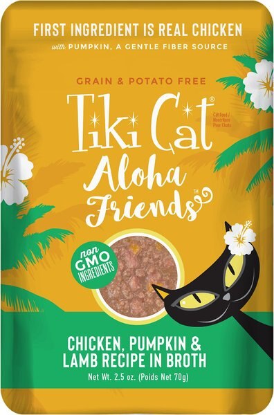 Tiki Cat Aloha Friends Chicken， Pumpkin and Lamb Recipe in Broth Grain-Free Wet Cat Food， 2.5-oz， case of 12