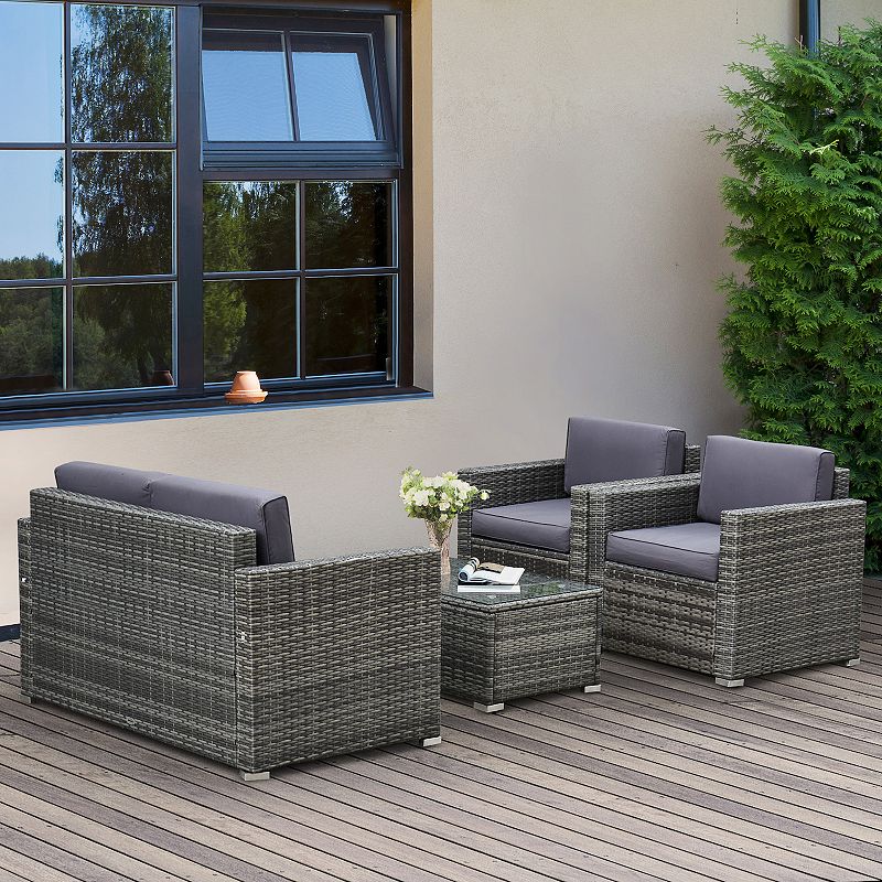 Outsunny 4-Piece Patio Furniture Set for the Backyard/Patio/Deck， Rattan， Grey