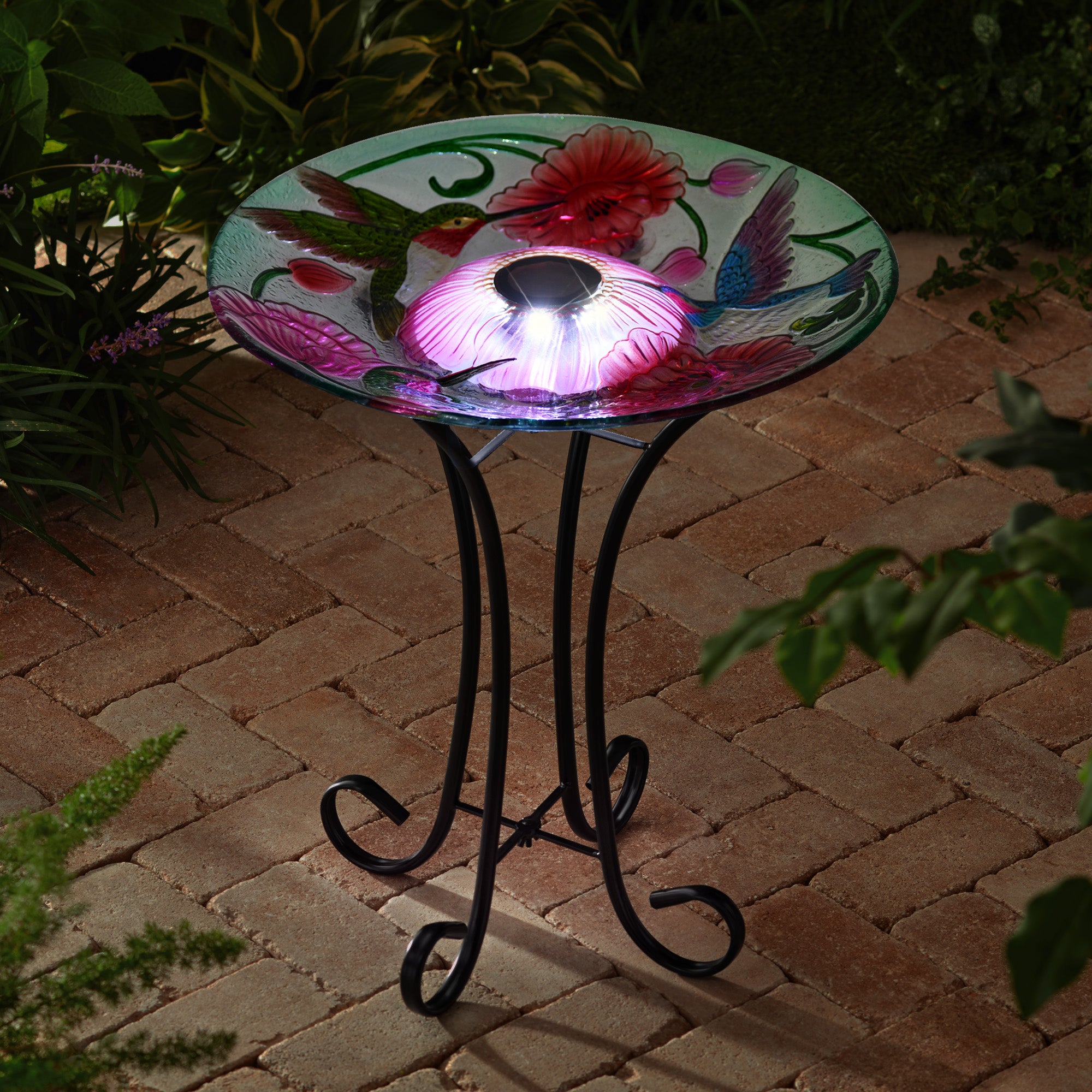 Hi-Line Gift Solar Led Floral Glass Bird Bath with Stand - Hummingbird & Poppies