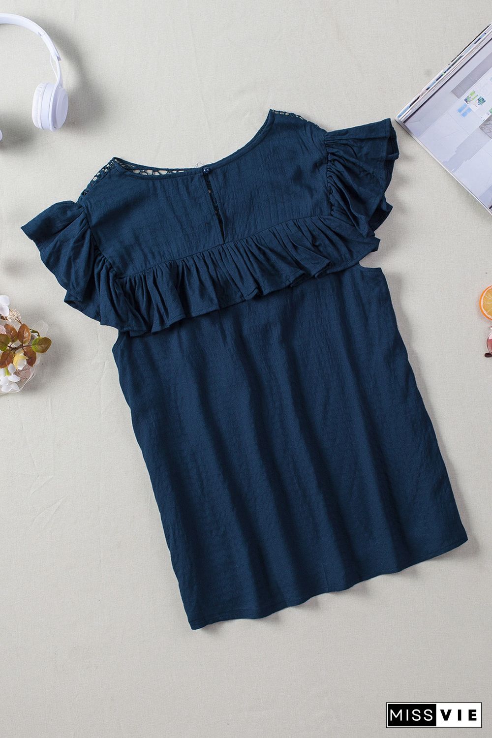 Navy Lace Splicing Ruffled Short Sleeve T-shirt