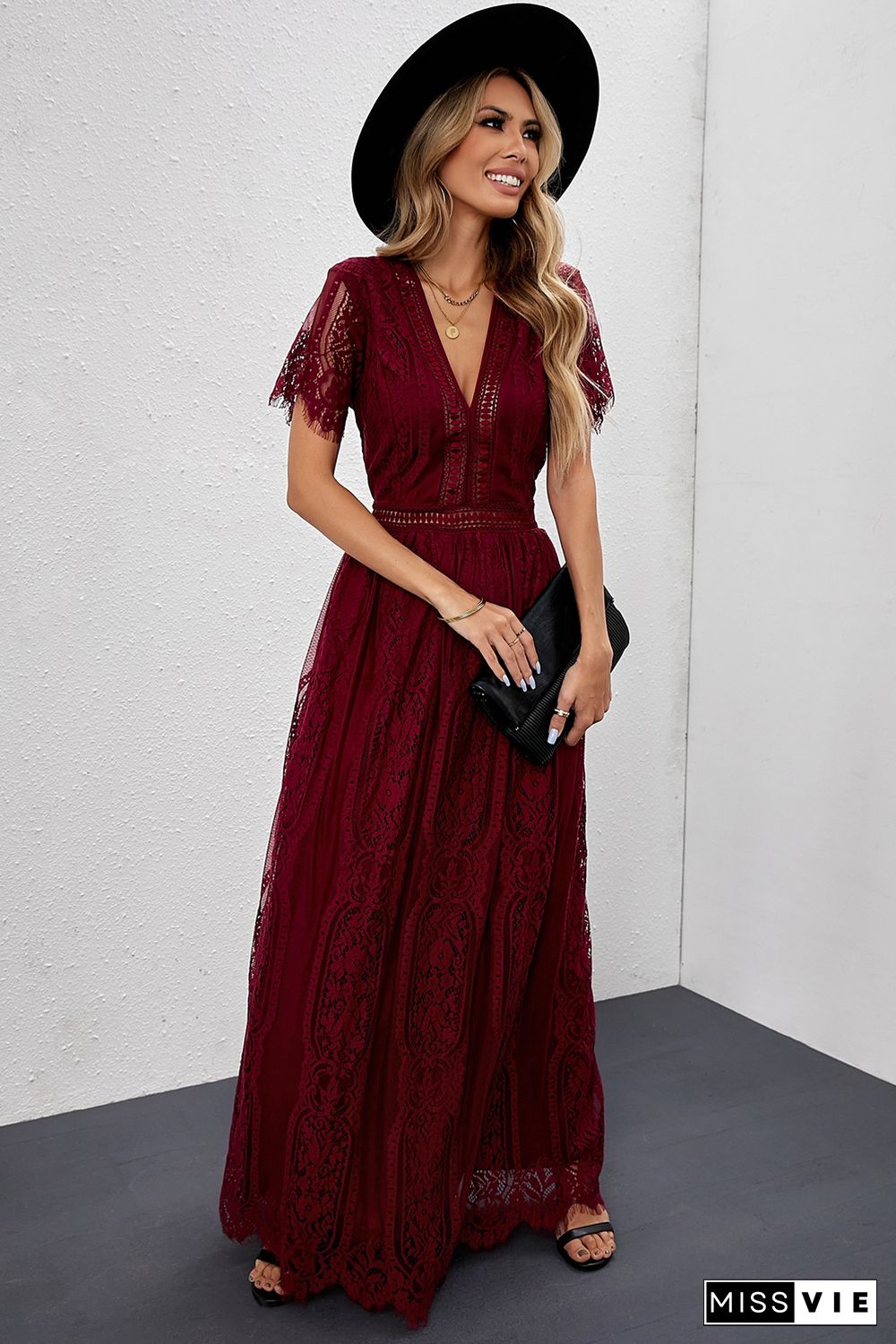 Burgundy Deep V Neck Short Sleeve Lace Maxi Dress