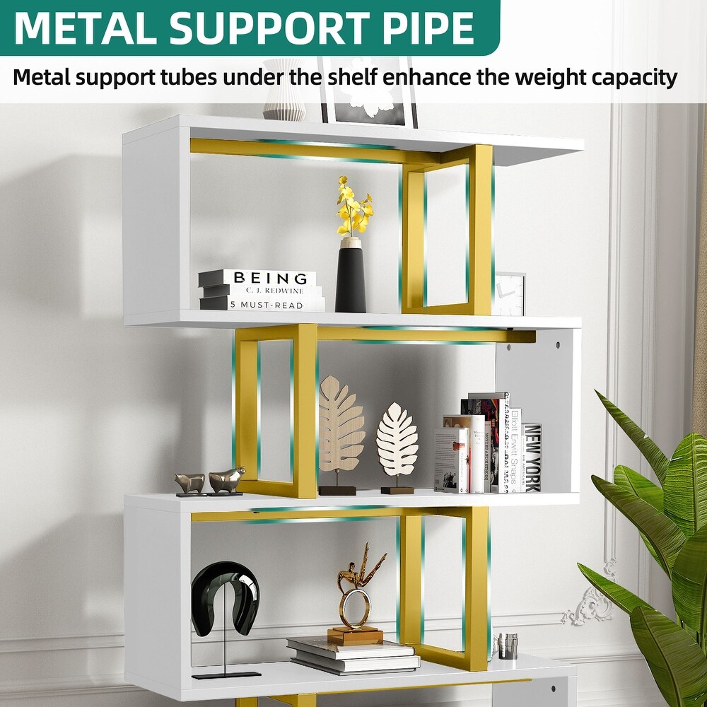 Hermoth Wood 5 Tier Bookshelf S Shaped Z Shelf Bookshelves and Bookcase Gold White