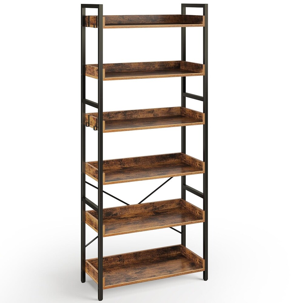 Bookshelf 6 Tier with 4 Hooks  Industrial Bookcase  Vintage Storage Rack with Open Shelves for Living Room  Bedroom