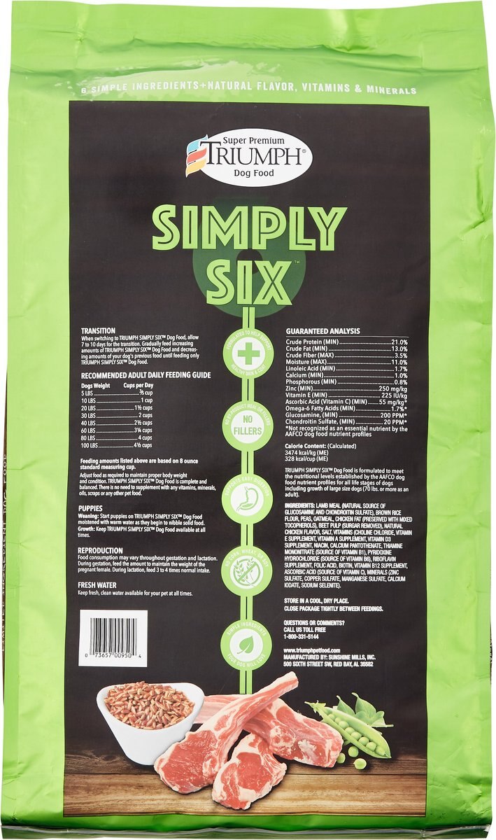 Triumph Simply Six Limited Ingredient Lamb Meal， Brown Rice and Pea Recipe Dry Dog Food