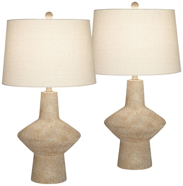 Tall Geometric Rustic Mid Century Modern Coastal Table Lamps Set Of 2 Beige Living Room Bedroom Bedside Off white Shade