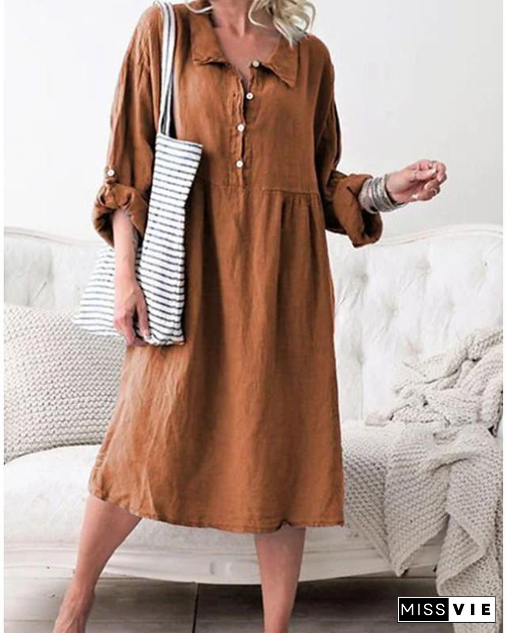 Women's Shirt Dress Midi Dress - Long Sleeve Solid Color Shirt Collar Hot Denim Blue Purple Army Green Orange Khaki S M L XL XXL Linen