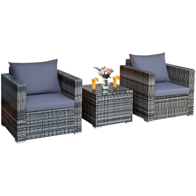 Tangkula 3 piece Patio Wicker Conversation Set Bistro Rattan Sofa Chair With Washable Cushion Gray