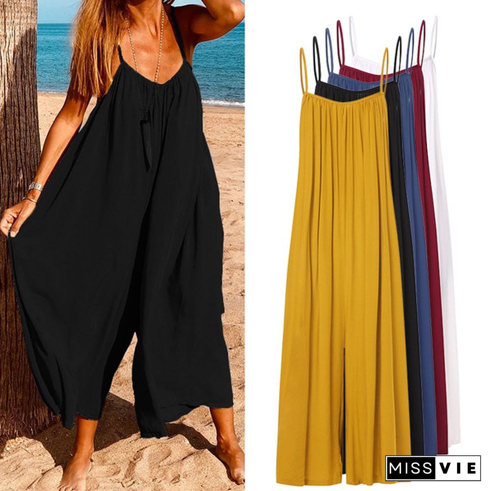 Plus Size Women Casual Loose Sleeveless Jumpsuits Spaghetti Strap Rompers Wide Leg Long Pants Trousers Pantalon Femme