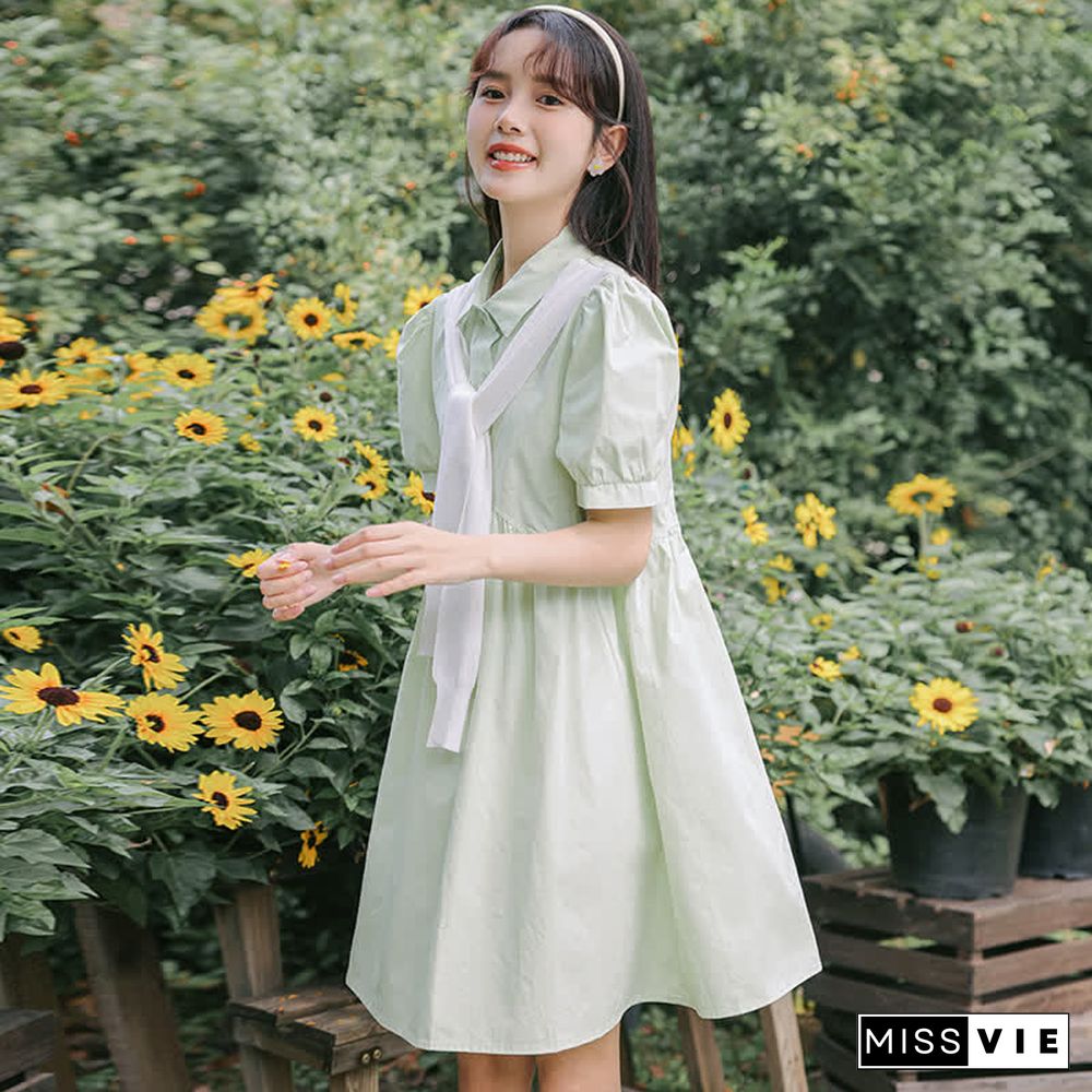 Loose Puff Sleeve A-line Lapel T-Shirt Dress