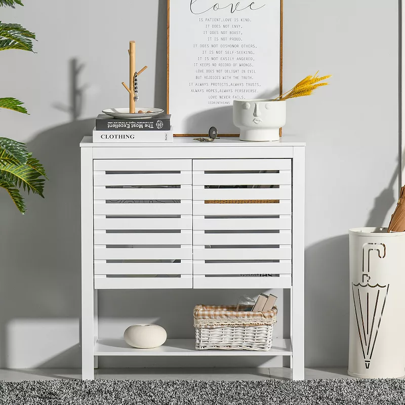 HOMCOM Buffet Sideboard Storage Cabinet with Slat Double Doors Enclosed Adjustable Shelf and Open Bottom Shelf White