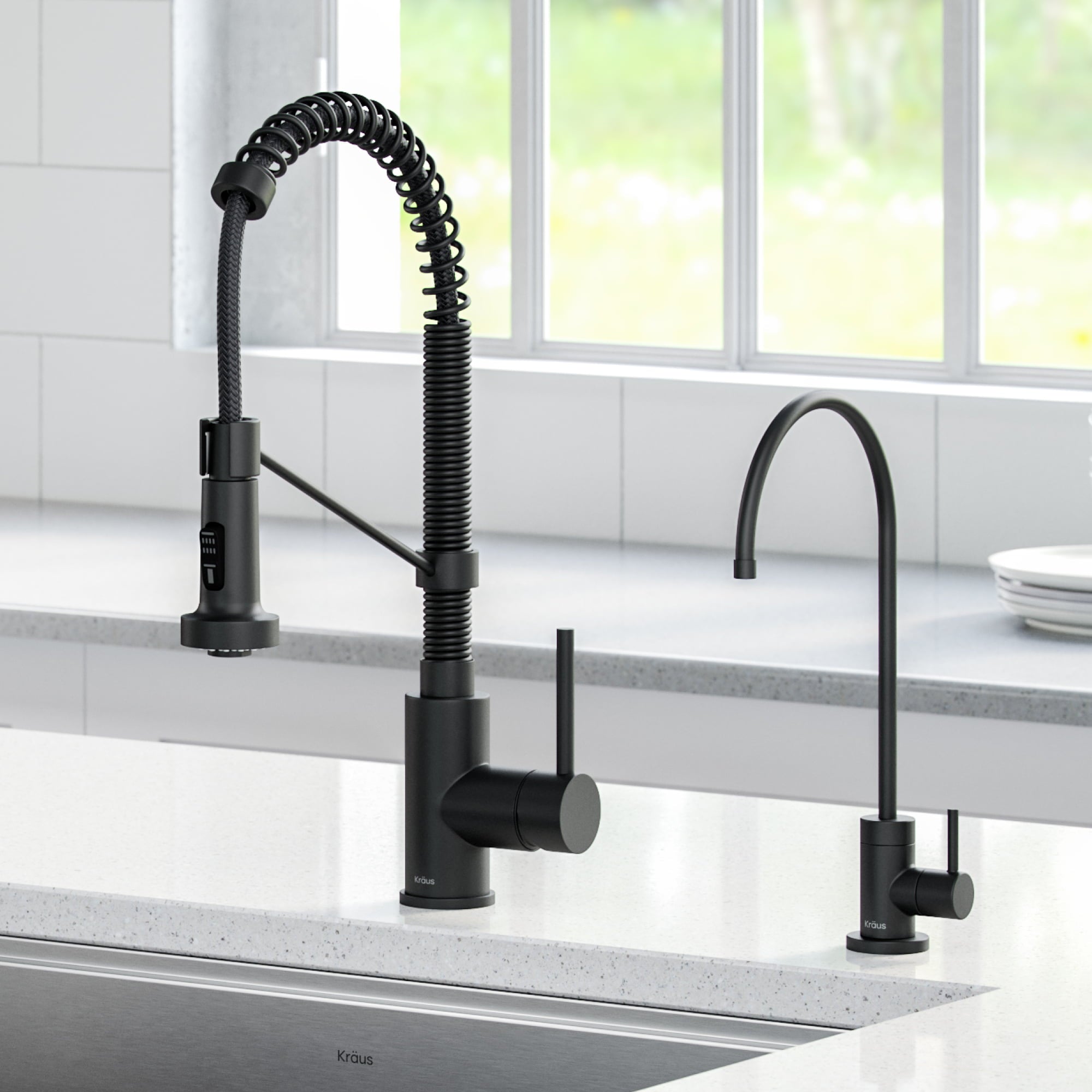 KRAUS Bolden Commercial Style Pull-Down Kitchen Faucet and Purita Water Filter Faucet Combo in Matte Black