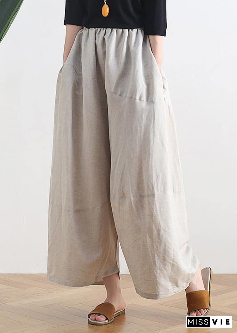 20 summer stitching thin women's new cotton and linen nude wide-leg pants