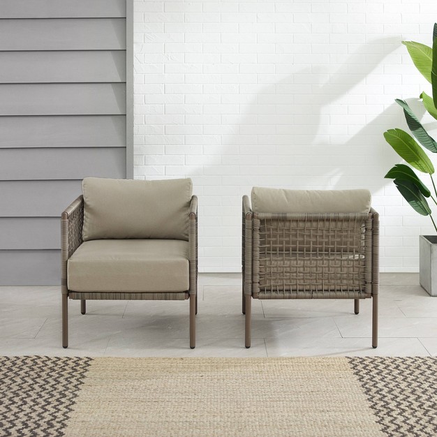 Cali Bay 2pk Outdoor Wicker Arm Chairs Taupe light Brown Crosley