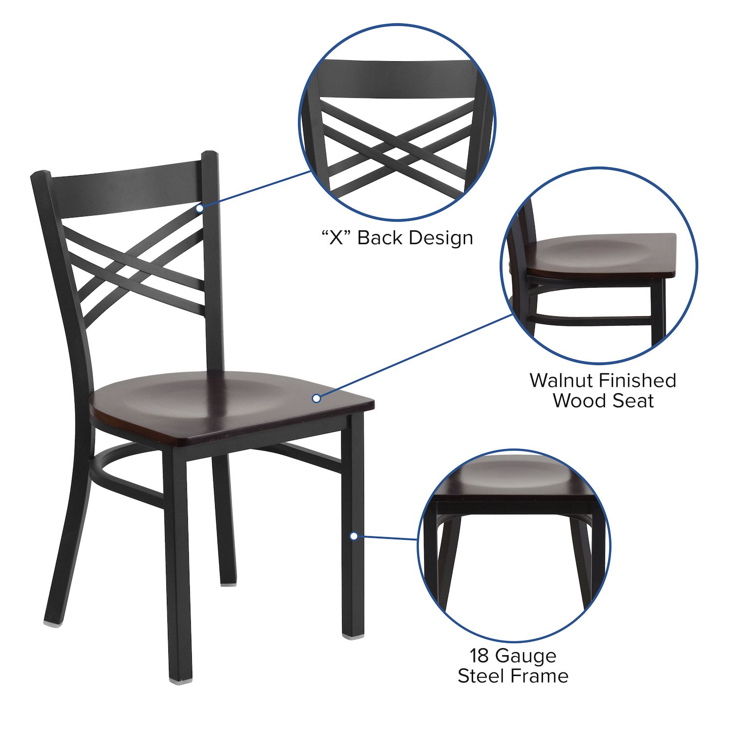 Emma and Oliver Black X Back Metal Restaurant Chair - Natural Wood Seat